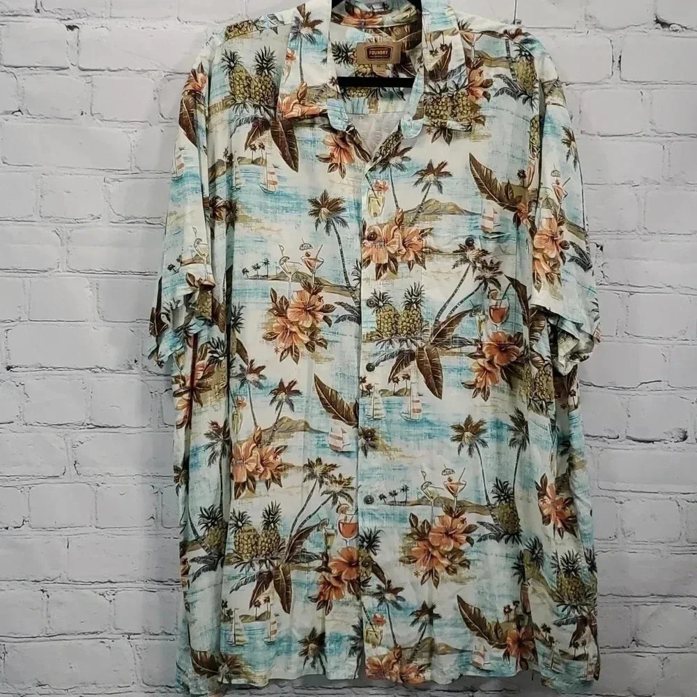 The Foundry Mens Hawaiian Button Up Floral Pineapple Short Sleeve Tiki Shirt 2XL